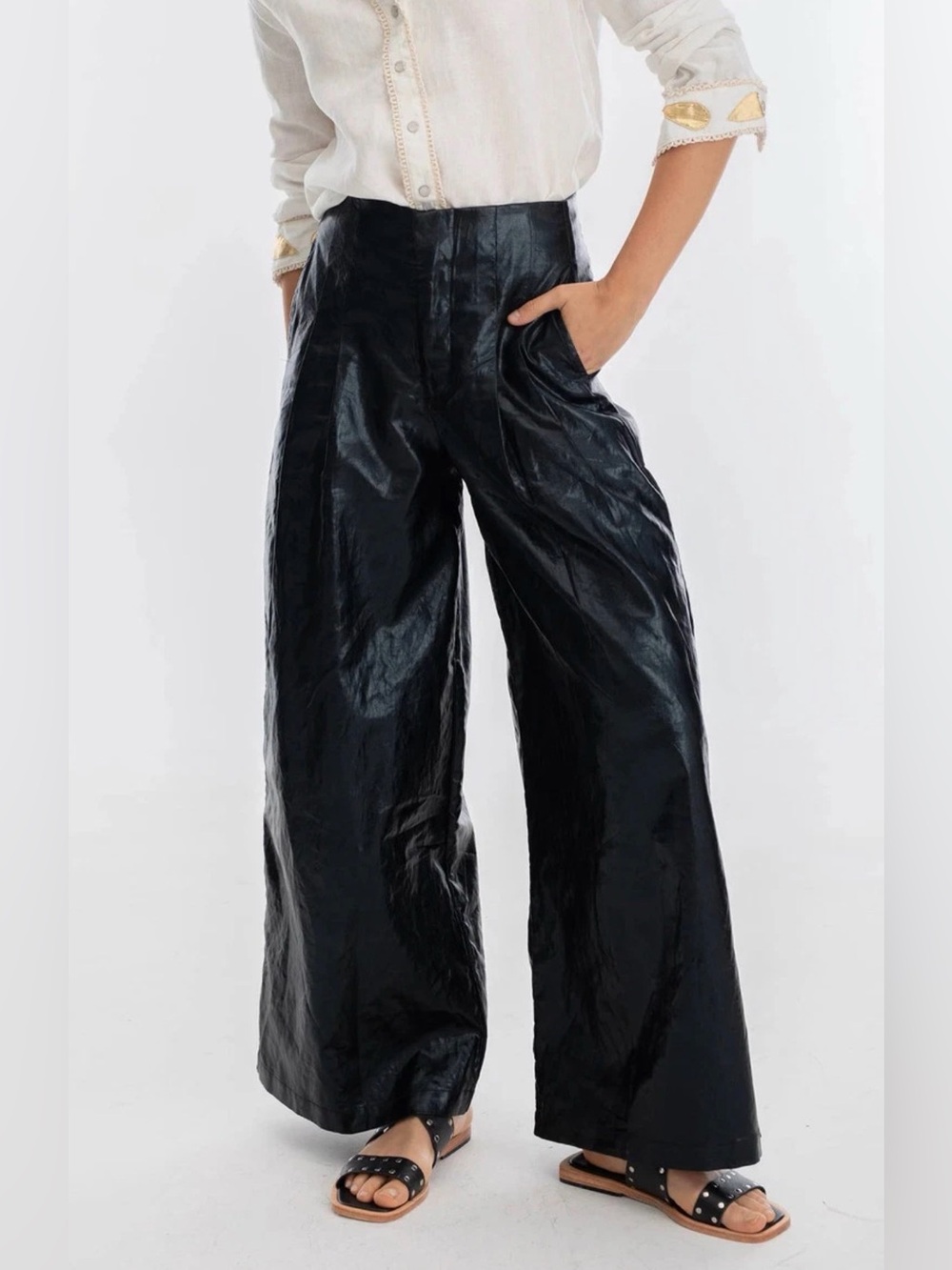 NWT! Lanhtropy Size XS • Culotte Metallic Black Linen Wide Leg Pants.